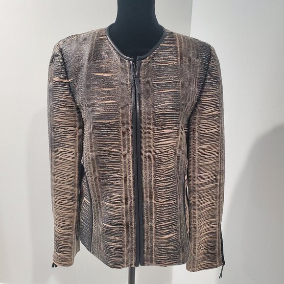 Unique Faux Leather Black & Tan Snake Skin Pattern Zippered Jacket  size 8 - Picture 2 of 9